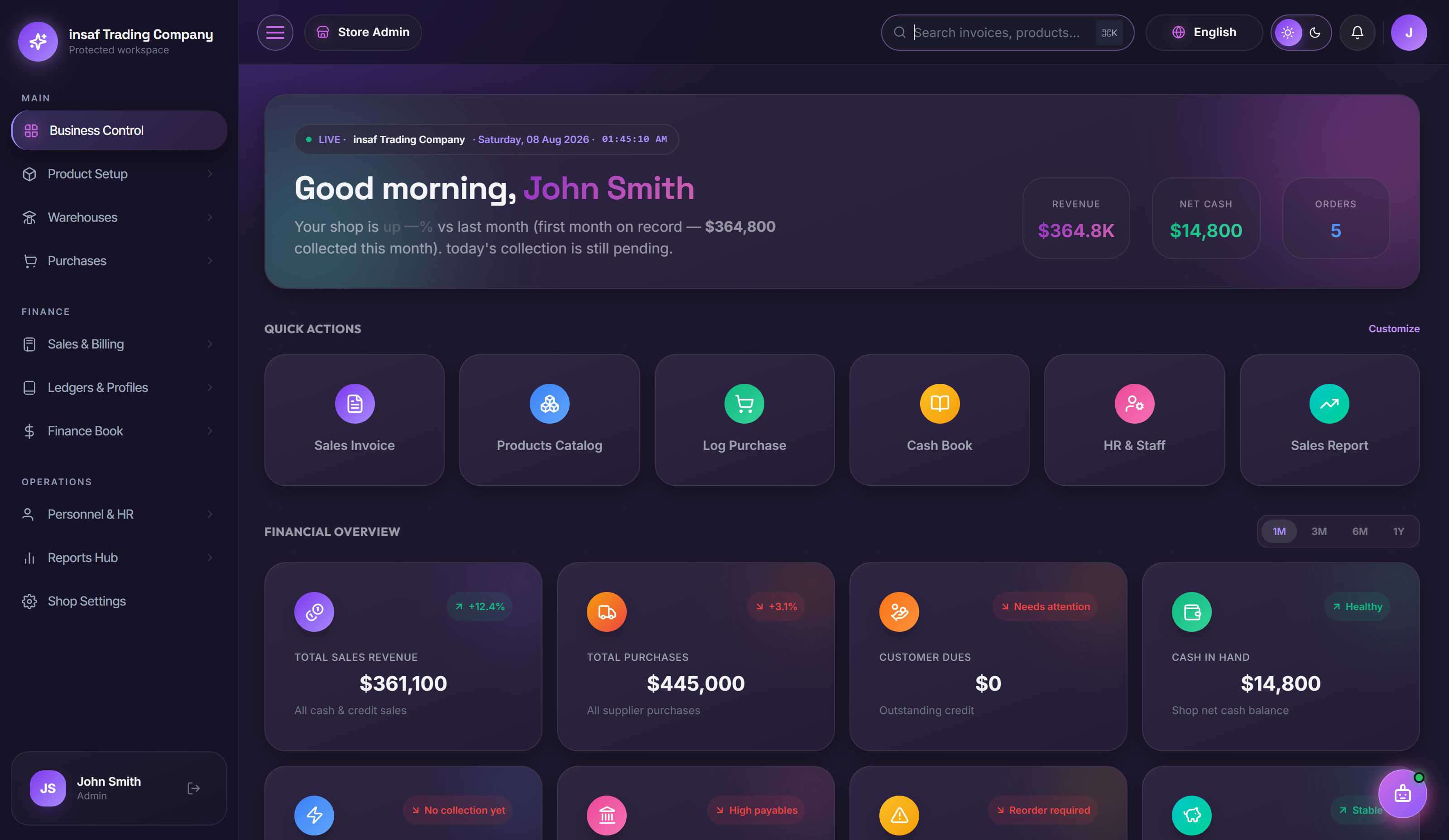 ERP System Online dashboard in dark mode — deep charcoal surfaces with vivid purple and pink accent gradients.