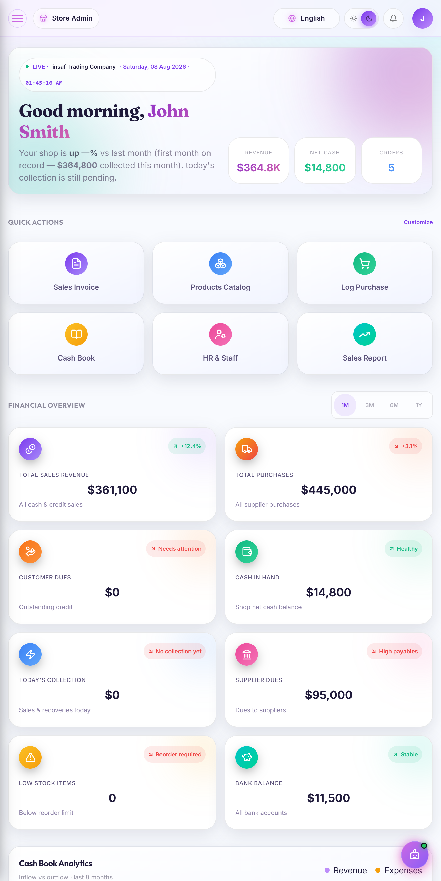 ERP System Online dashboard on a mobile phone, showing Revenue Today, Net Cash, quick action buttons for New Sale and New Purchase, and a recent activity feed.